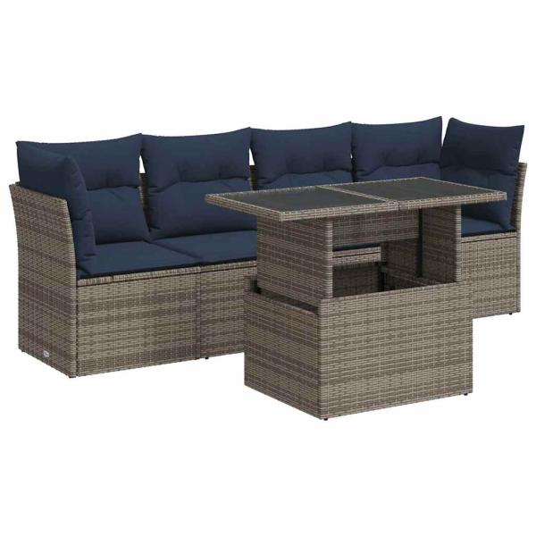5-tlg. Garten-Sofagarnitur mit Kissen Grau Poly Rattan Akazie