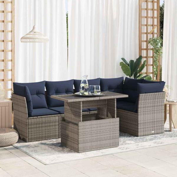 ARDEBO.de - 6-tlg. Garten-Sofagarnitur mit Kissen Grau Poly Rattan Akazie