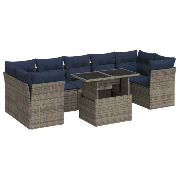 8-tlg. Garten-Sofagarnitur mit Kissen Grau Poly Rattan Akazie