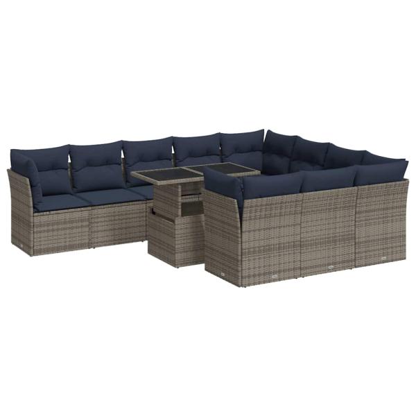 11-tlg. Garten-Sofagarnitur mit Kissen Grau Poly Rattan Akazie