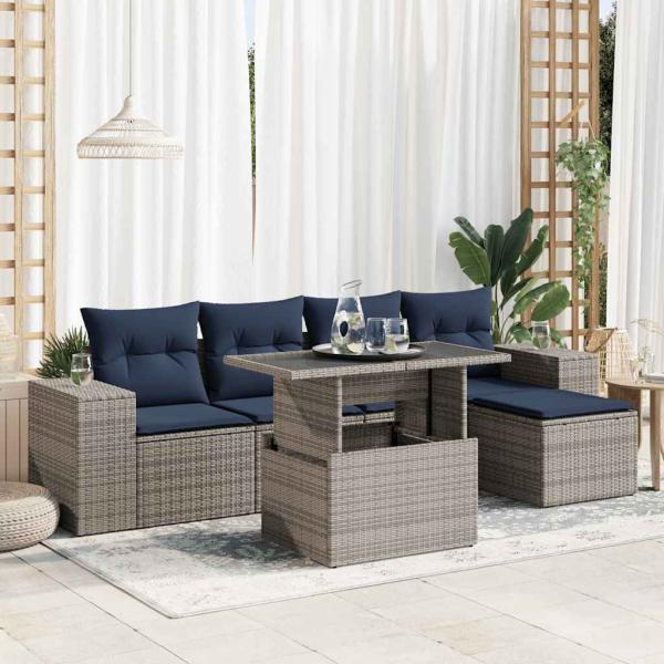 ARDEBO.de - 6-tlg. Garten-Sofagarnitur mit Kissen Grau Poly Rattan Akazie