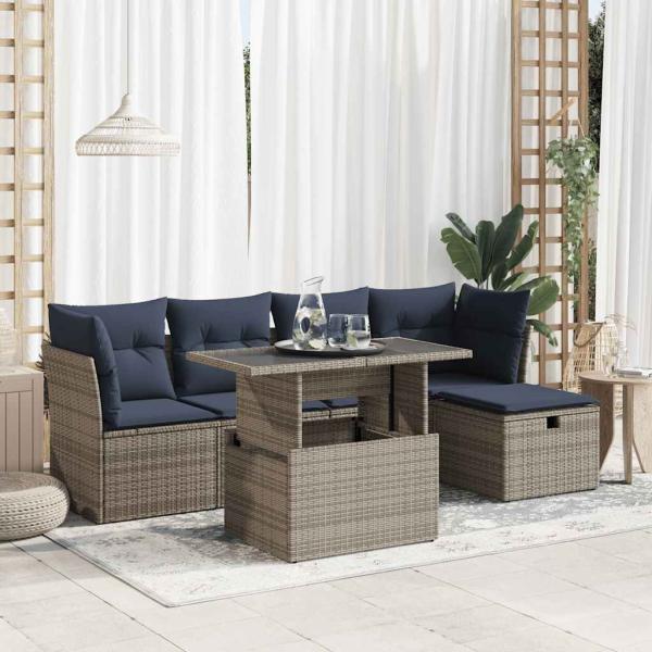 ARDEBO.de - 6-tlg. Garten-Sofagarnitur mit Kissen Grau Poly Rattan Akazie