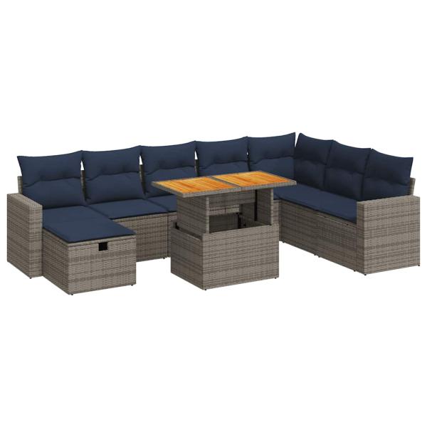 9-tlg. Garten-Sofagarnitur mit Kissen Grau Poly Rattan Akazie