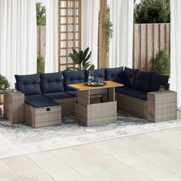 ARDEBO.de - 9-tlg. Garten-Sofagarnitur mit Kissen Grau Poly Rattan Akazie
