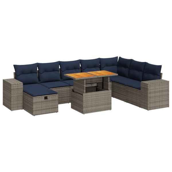 9-tlg. Garten-Sofagarnitur mit Kissen Grau Poly Rattan Akazie