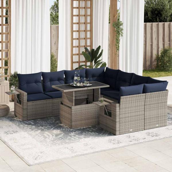 ARDEBO.de - 9-tlg. Garten-Sofagarnitur mit Kissen Grau Poly Rattan