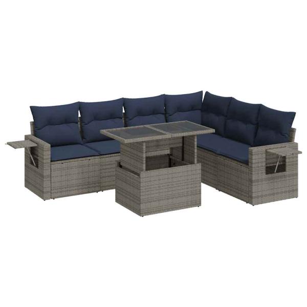7-tlg. Garten-Sofagarnitur mit Kissen Grau Poly Rattan
