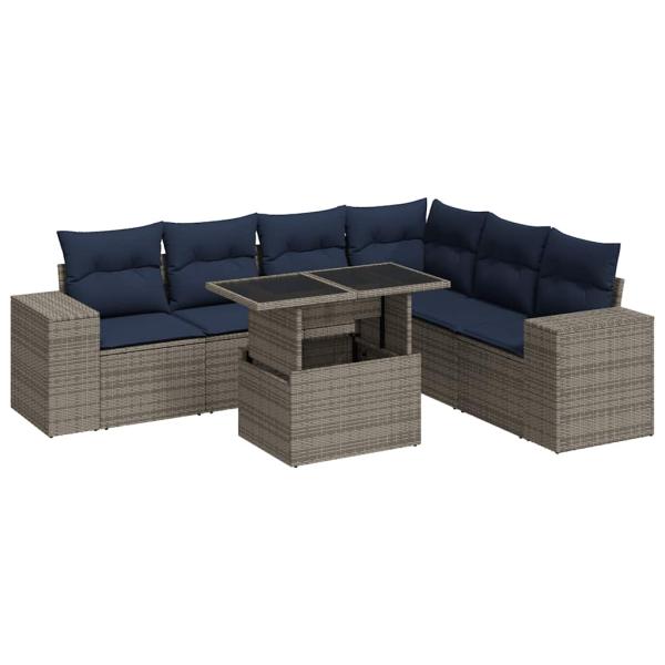 7-tlg. Garten-Sofagarnitur mit Kissen Grau Poly Rattan Akazie