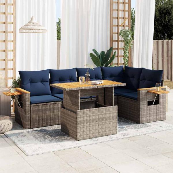 ARDEBO.de - 6-tlg. Garten-Sofagarnitur mit Kissen Grau Poly Rattan Akazie