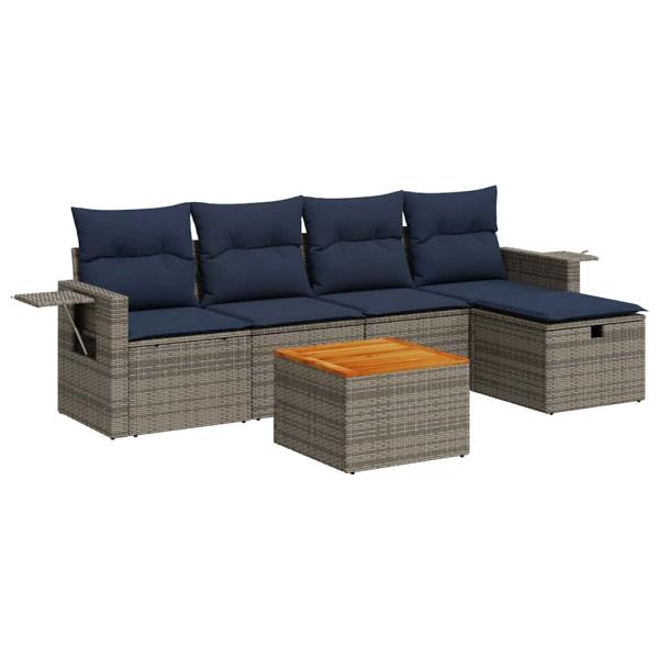 6-tlg. Garten-Sofagarnitur mit Kissen Grau Poly Rattan