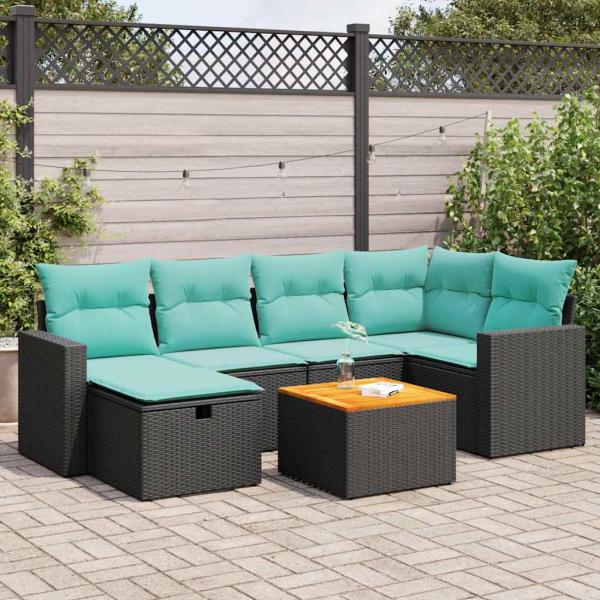 ARDEBO.de - 7-tlg. Garten-Sofagarnitur mit Kissen Schwarz Poly Rattan