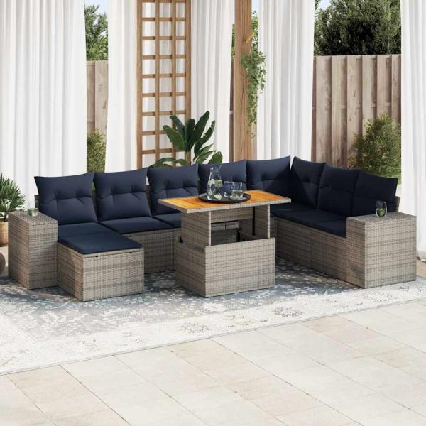 ARDEBO.de - 9-tlg. Garten-Sofagarnitur mit Kissen Grau Poly Rattan