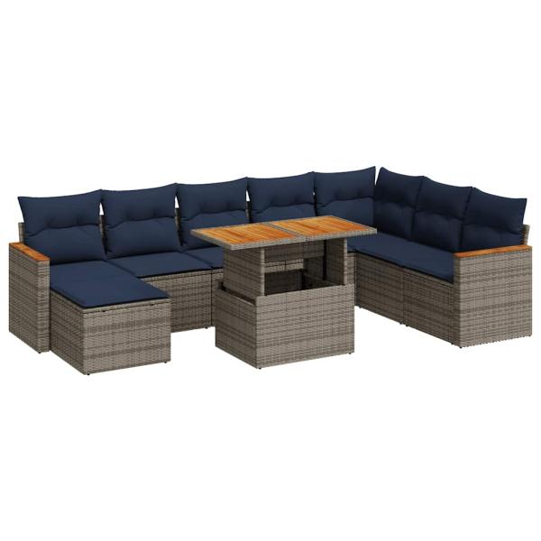 9-tlg. Garten-Sofagarnitur mit Kissen Grau Poly Rattan