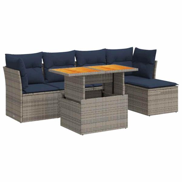 6-tlg. Garten-Sofagarnitur mit Kissen Grau Poly Rattan