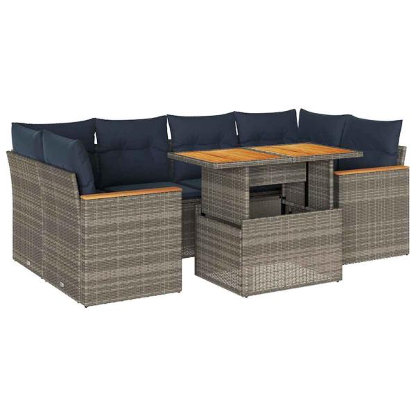 7-tlg. Garten-Sofagarnitur mit Kissen Grau Poly Rattan