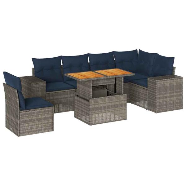 7-tlg. Garten-Sofagarnitur mit Kissen Grau Poly Rattan