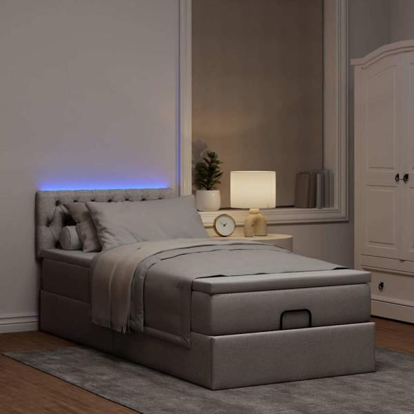 Ottomane Bett mit Matratze & LEDs Taupe 90x200 cm Stoff