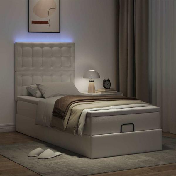 Ottoman-Bett mit Matratze & LEDs Weiß 90x190 cm Kunstleder