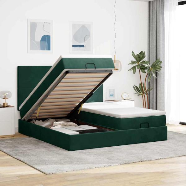 ARDEBO.de - Ottoman-Bett mit Matratzen & LEDs Dunkelgrün 160x200 cm Samt