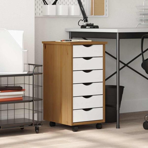 ARDEBO.de - Rollschrank mit Schubladen MOSS Honigbraun Massivholz Kiefer