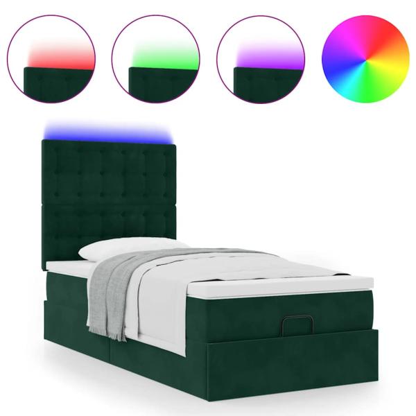 Ottoman-Bett mit Matratzen & LEDs Dunkelgrün 80x200 cm Samt
