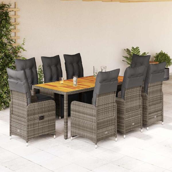 ARDEBO.de - 9-tlg. Garten-Bistro-Set mit Kissen Grau Poly Rattan