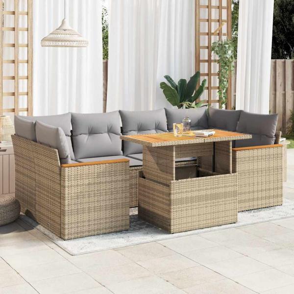 ARDEBO.de - 6-tlg. Garten-Sofagarnitur mit Kissen Beige Poly Rattan Akazie