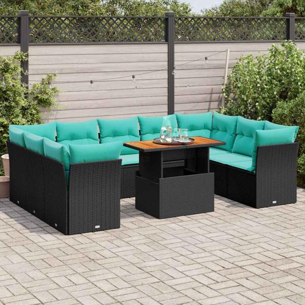 ARDEBO.de - 10-tlg. Garten-Sofagarnitur mit Kissen Schwarz Poly Rattan