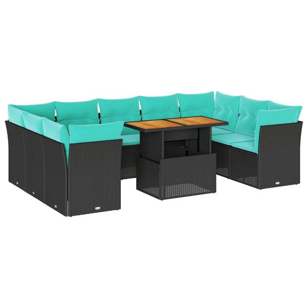 10-tlg. Garten-Sofagarnitur mit Kissen Schwarz Poly Rattan