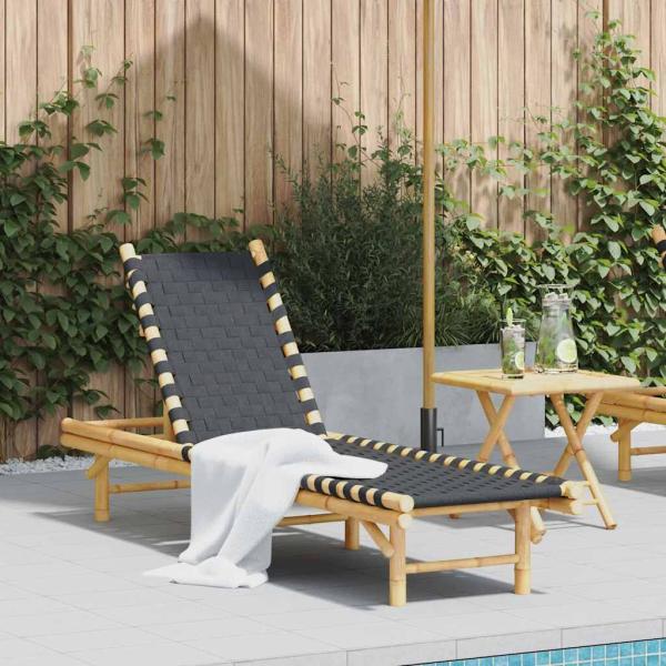 ARDEBO.de - Sonnenliege mit schwarzem gewebtem Gurtband 55x200x30 cm Bambus