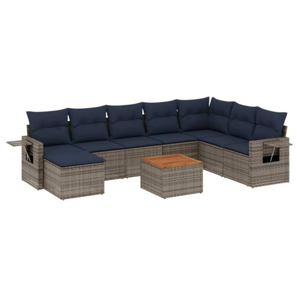 9-teiliges Gartensofa-Set mit Kissen, grau, Polyrattan