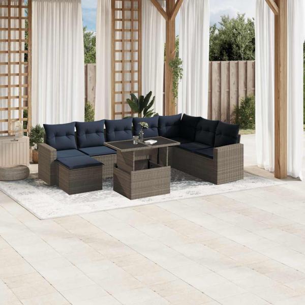 ARDEBO.de - 9-teiliges Gartensofa-Set mit Kissen, grau, Polyrattan