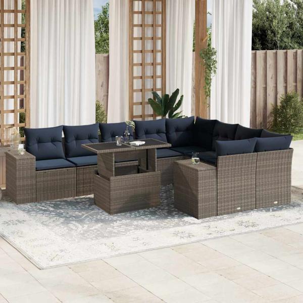 ARDEBO.de - 10-teiliges Gartensofa-Set mit Kissen, grau, Polyrattan