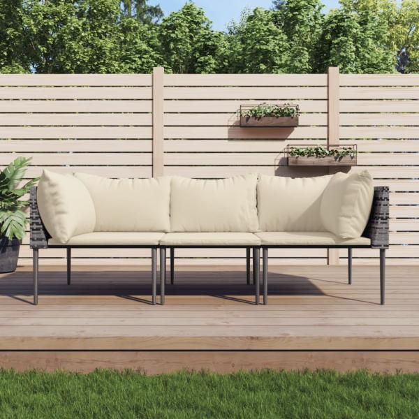 ARDEBO.de - 3-tlg. Garten-Lounge-Set mit Kissen Grau Poly Rattan