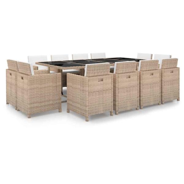 ARDEBO.de - 13-tlg. Garten-Essgruppe mit Auflagen Poly Rattan Beige