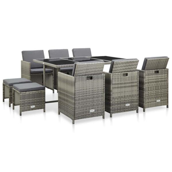 ARDEBO.de - 11-tlg. Garten-Essgruppe mit Auflagen Poly Rattan Grau