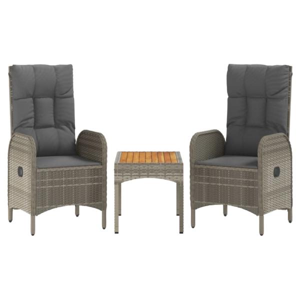 3-tlg. Garten-Lounge-Set mit Kissen Grau Poly Rattan