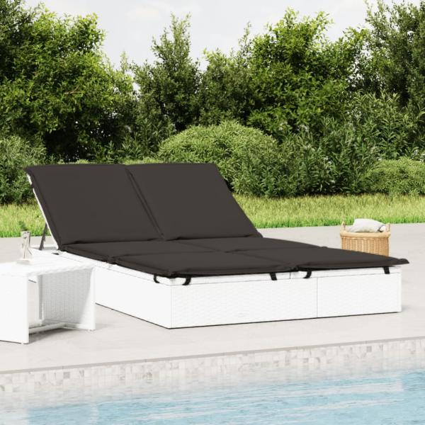 ARDEBO.de - Sonnenliege für 2 Personen mit Kissen Weiß Poly Rattan