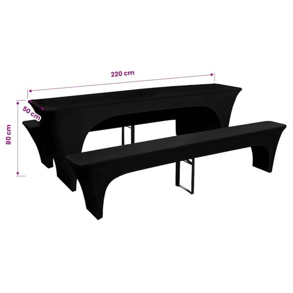 3 Schonbezüge für Biertisch und Bänke Stretch Schwarz 220 x 50 x 80 cm