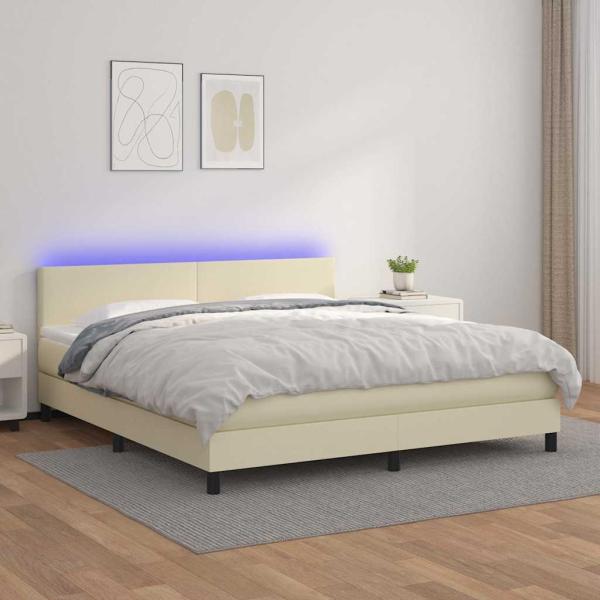 ARDEBO.de - Boxspringbett mit Matratze & LED Creme 160x200 cm Kunstleder