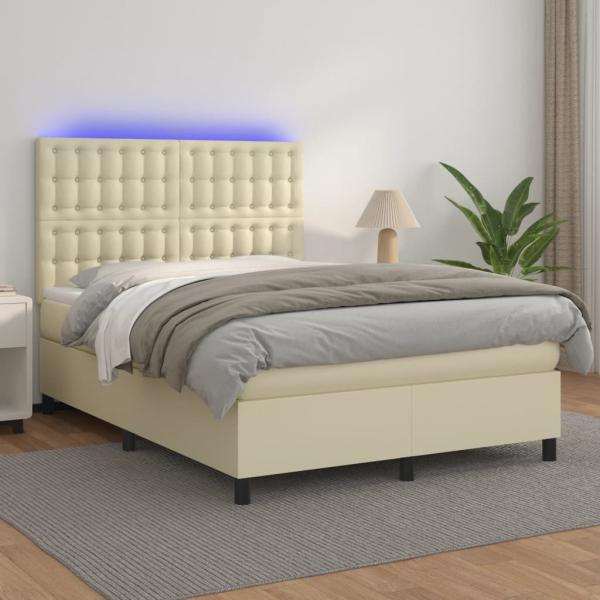 ARDEBO.de - Boxspringbett mit Matratze & LED Creme 140x190 cm Kunstleder