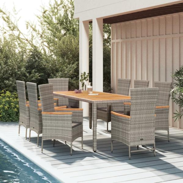 ARDEBO.de - 9-tlg. Garten-Essgruppe mit Kissen Grau Poly Rattan