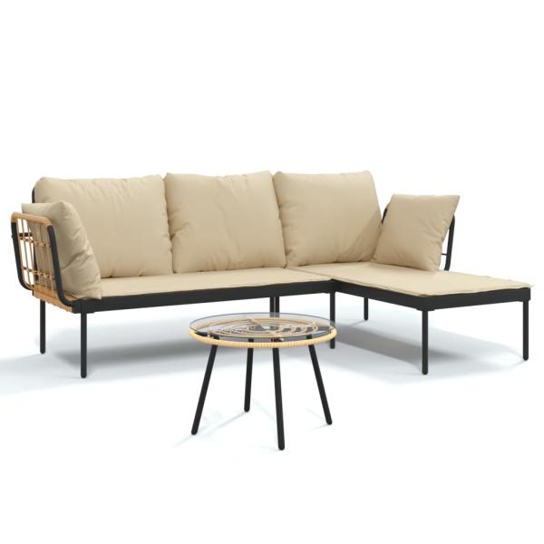 3-tlg. Garten-Lounge-Set mit Kissen Beige Poly Rattan