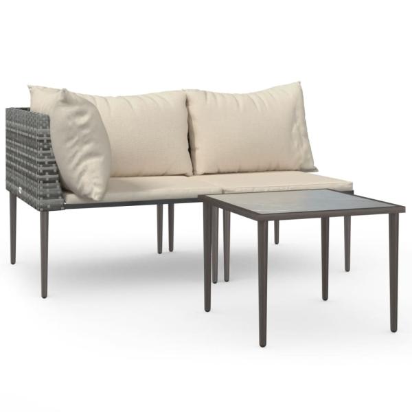 3-tlg. Garten-Lounge-Set mit Kissen Grau Poly Rattan
