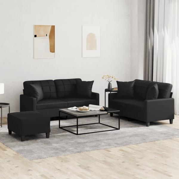 ARDEBO.de - 3-tlg. Sofagarnitur mit Kissen Schwarz Kunstleder