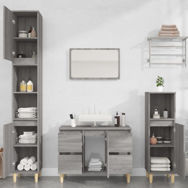 ARDEBO.de - 3-tlg. Badmöbel-Set Grau Sonoma Holzwerkstoff