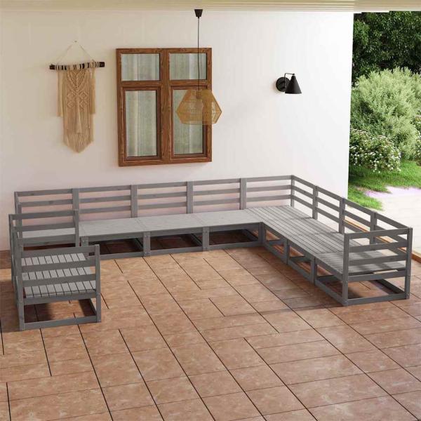 ARDEBO.de - 10-tlg. Garten-Lounge-Set Grau Kiefer Massivholz