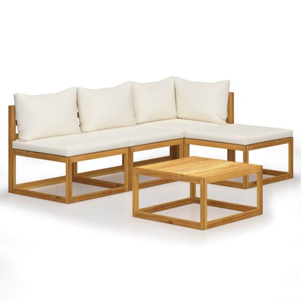5-tlg. Garten-Lounge-Set mit Auflagen Creme Massivholz Akazie