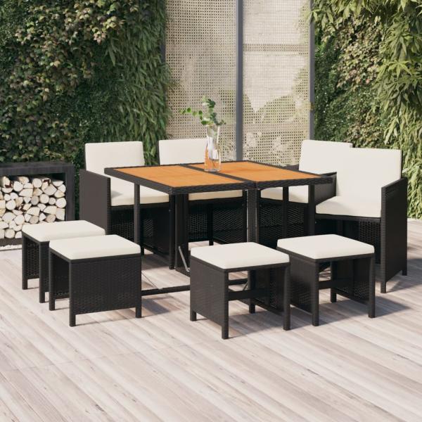 ARDEBO.de - 9-tlg. Garten-Essgruppe mit Kissen Poly Rattan Schwarz