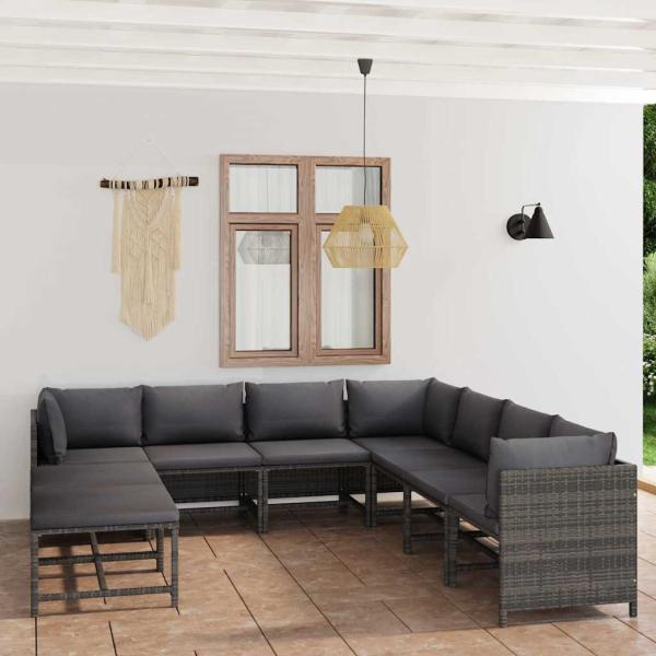ARDEBO.de - 9-tlg. Garten-Lounge-Set mit Kissen Poly Rattan Grau
